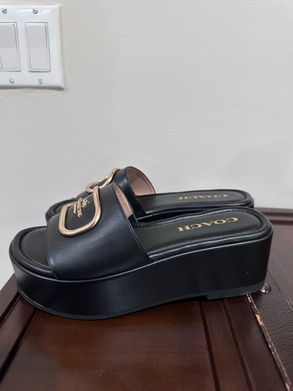 Coach Black Platform Slide Sandals with Gold Hardware - Picture 2 of 4
